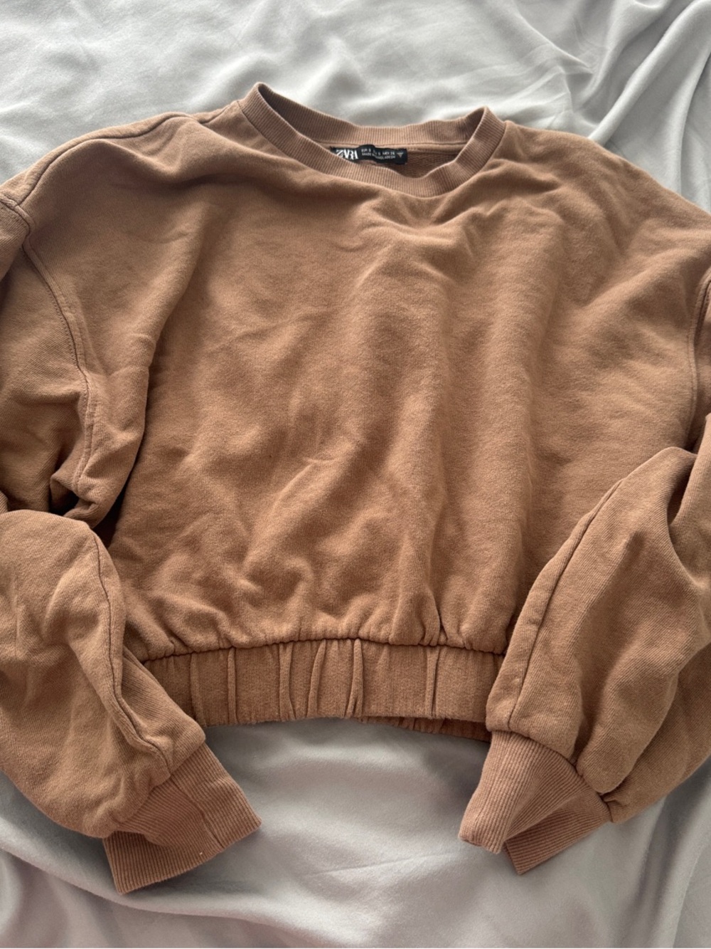 ZARA Cropped Crewneck Sweatshirt in Warm Camel